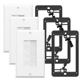 VCE brush wall plate pass-through enables clean in-wall cable routing for a tidy entertainment setup.