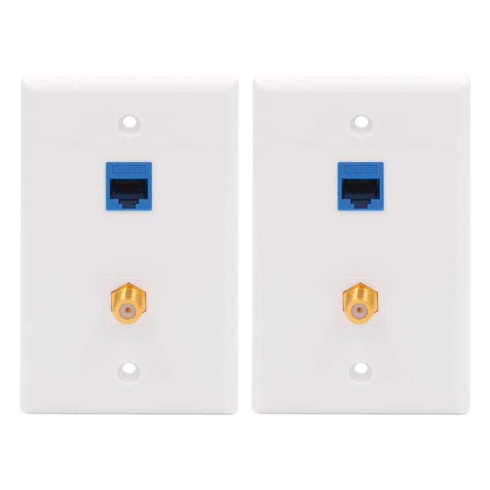 VCE Ethernet Coax wall plate 2-port in blue enables clean network and TV wiring for tidy media setups.