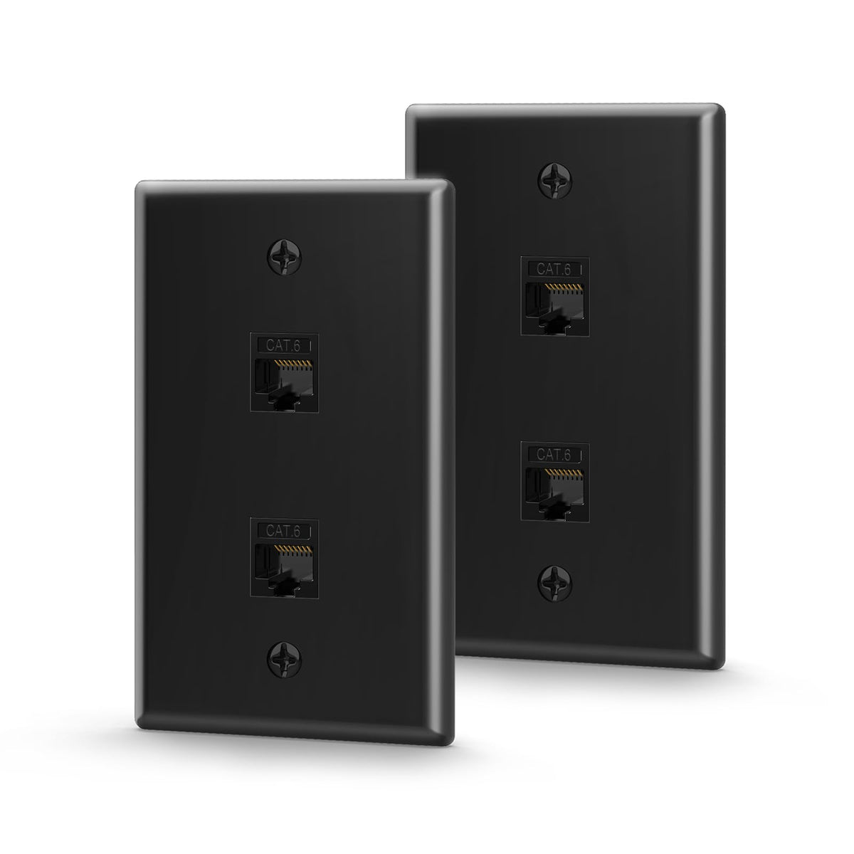 VCE front view of black 2-port wall plate showing neat dual RJ45 openings and clean finish