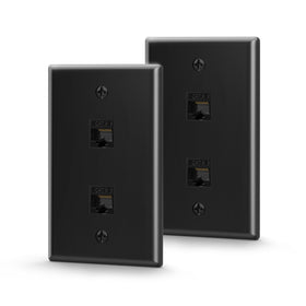 VCE front view of black 2-port wall plate showing neat dual RJ45 openings and clean finish