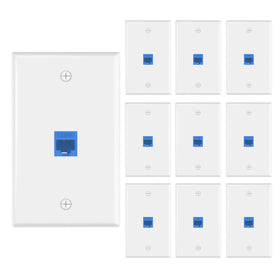 VCE wall plate front view showing single-port blue outlet and tidy finish for organized networking