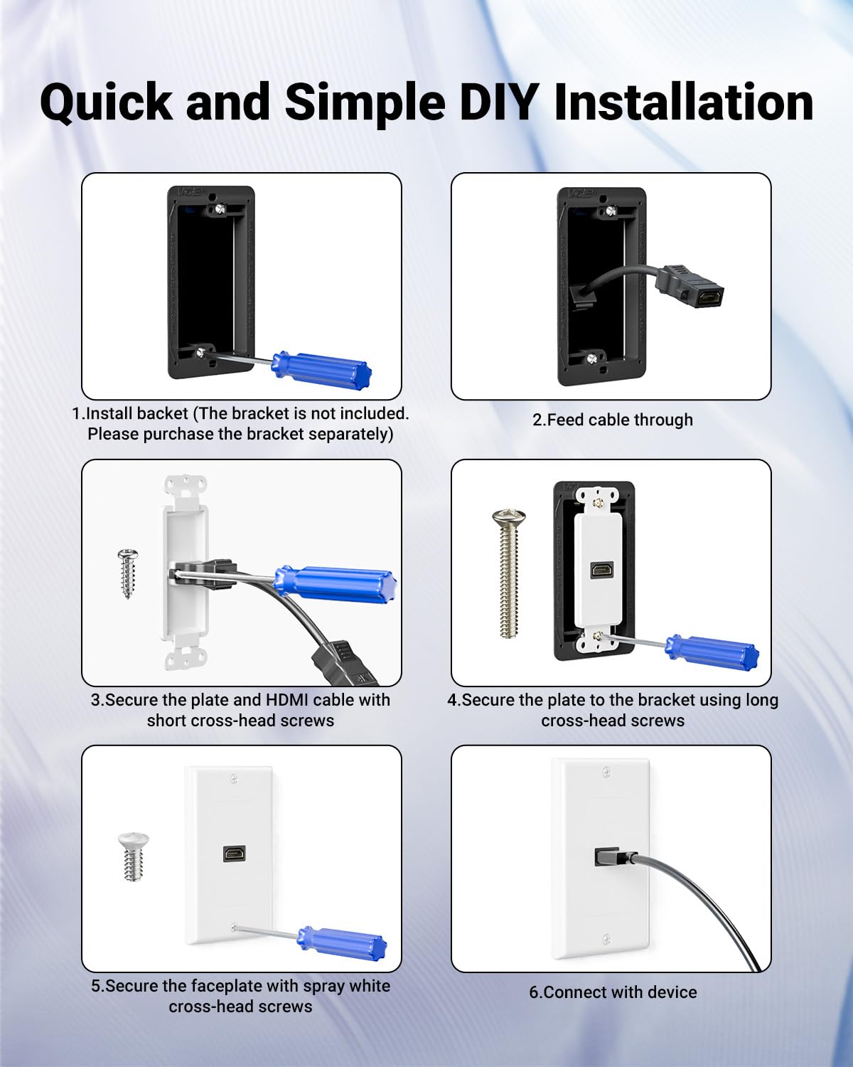 VCELINK HDMI wall plate shows simple bracket installation with included screws