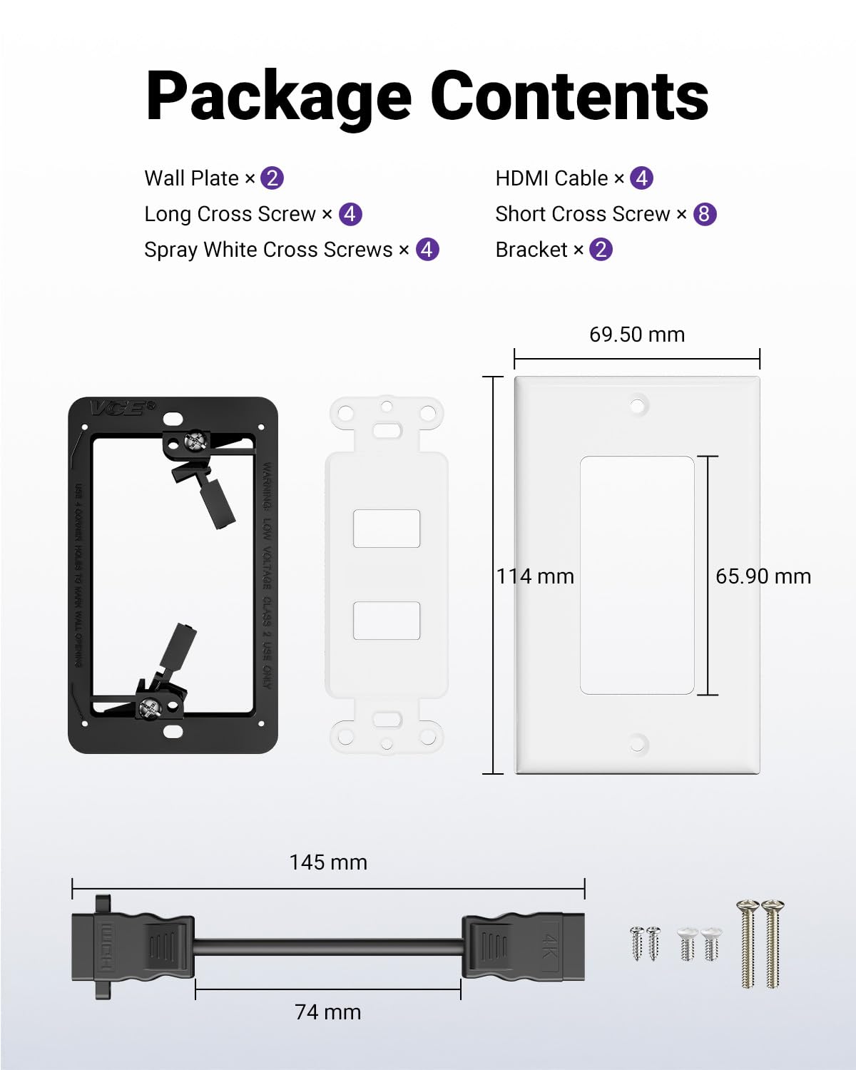 VCELINK low-voltage mounting fits walls 0.15 to 0.75 inches thick.