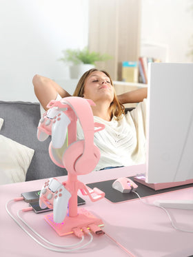 VCOM pink RGB headset stand installation in minutes on a clean desk