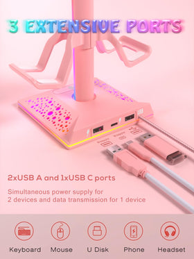 VCOM pink RGB headset stand base detail demonstrating anti-slip rubber for desk grip