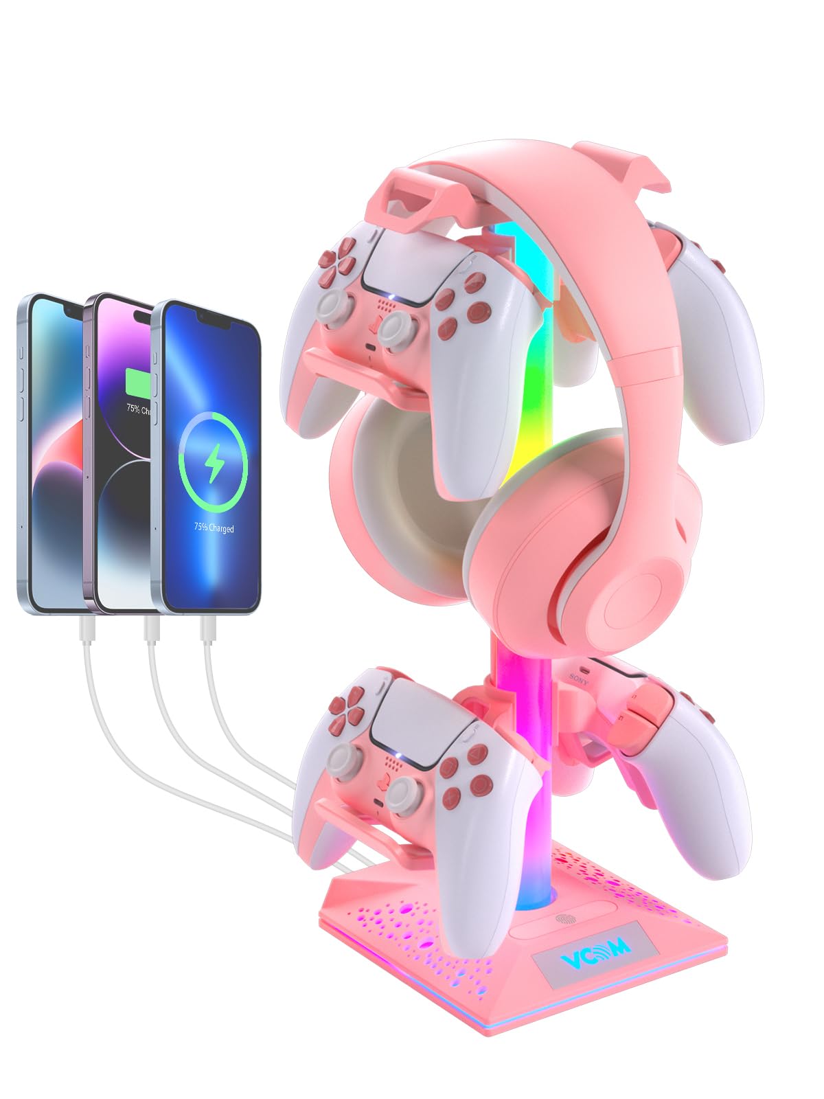 VCOM pink RGB headset stand front view with stable base for secure headset storage