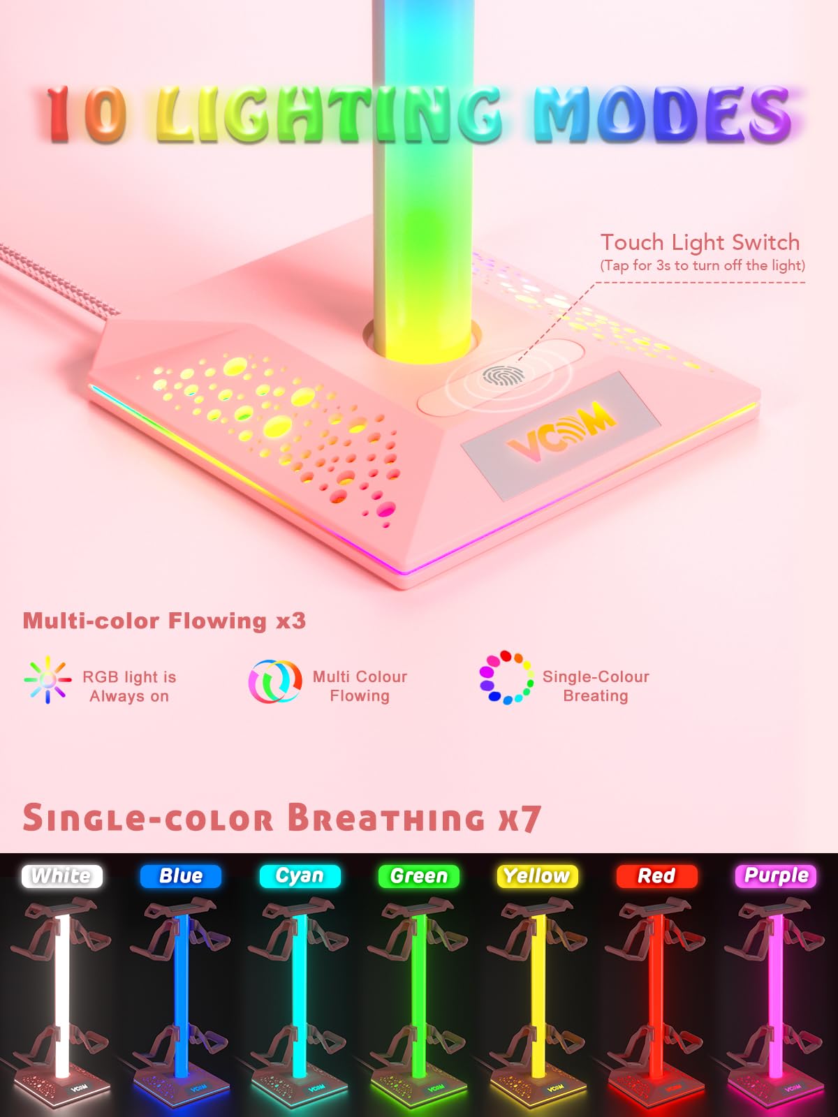 VCOM pink RGB headset stand side view showing cable-friendly design and easy access