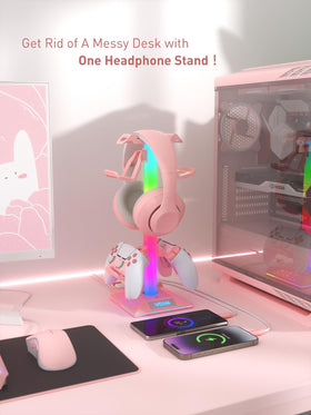 VCOM pink headset stand USB ports and cable for easy charging