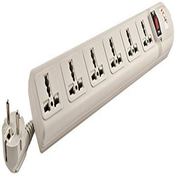 VCT universal surge protector front view showing six outlets and illuminated switch, protects equipment