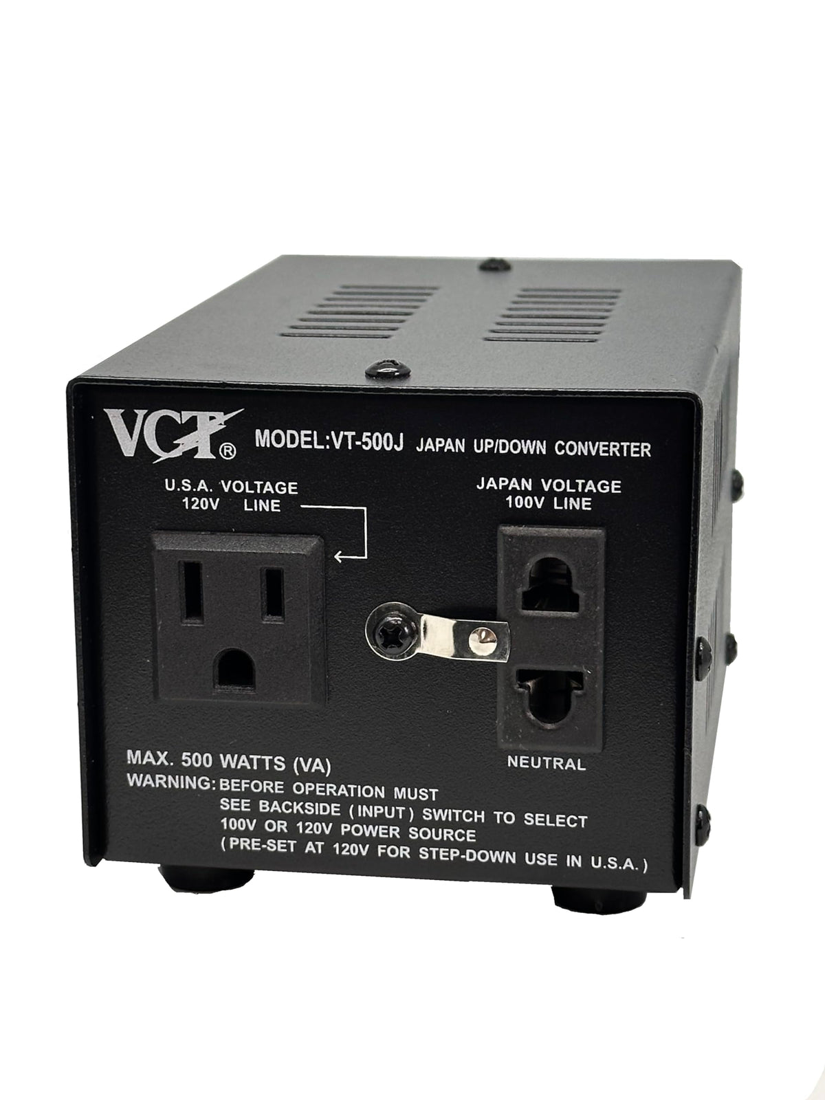 VCT VT-500J front panel showing outlets and benefits for travel convenience