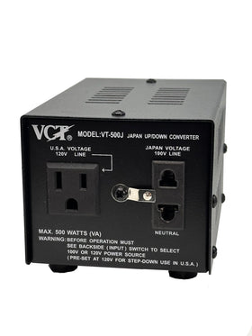 VCT VT-500J front panel showing outlets and benefits for travel convenience