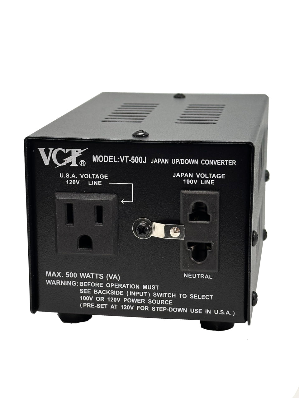 VCT VT-500J front panel showing outlets and benefits for travel convenience