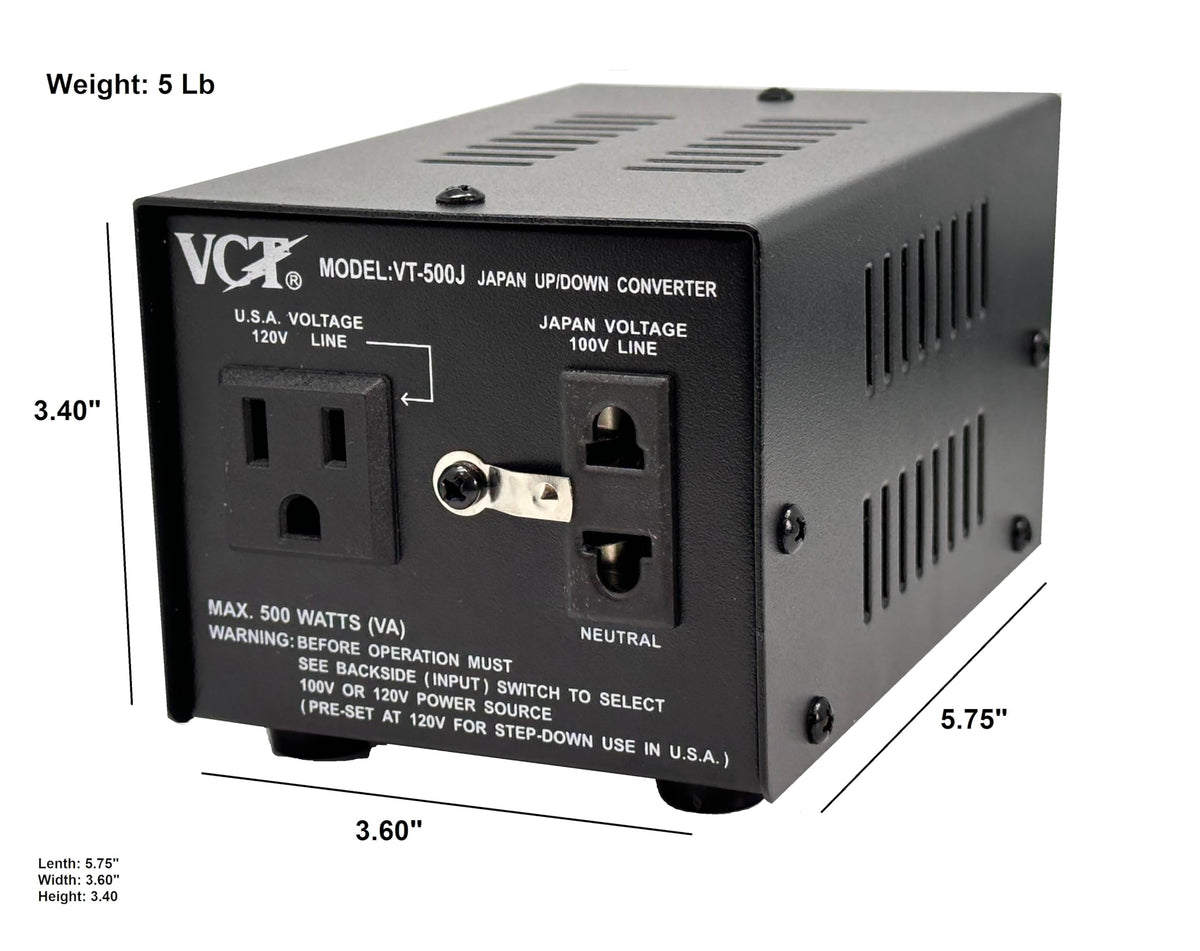 VCT VT-500J side label with specifications and benefit for correct setup