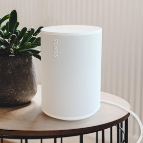 Vebner cord connecting to Sonos Era 100 demonstrating reduced cable clutter and clean look