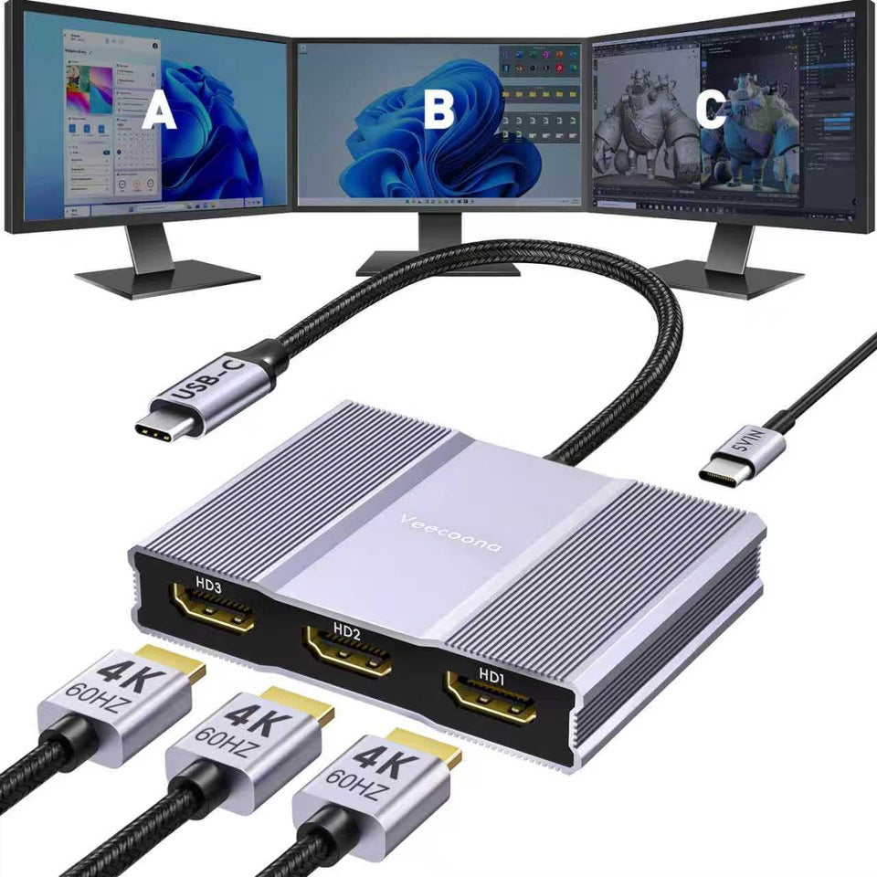 Veecoona front view showing three HDMI outputs and USB-C input, boosting workspace flexibility