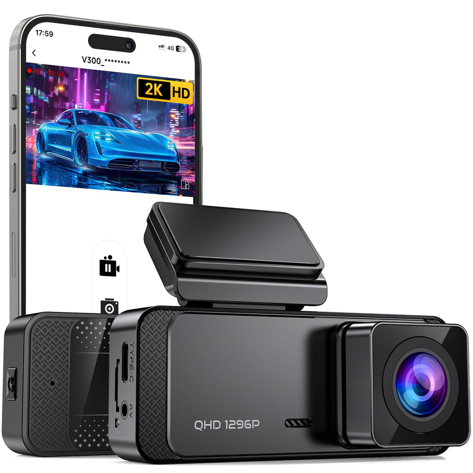 Veement V300 front view showing compact camera and wide lens, clear road capture