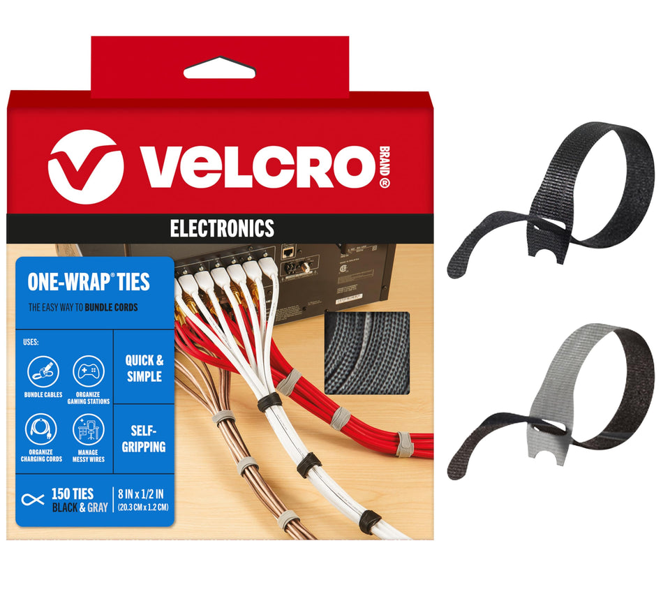 VELCRO Brand 150-pack cable ties keep desk cords tidy and accessible.