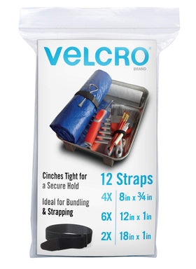 VELCRO Brand 12in cinch strap with buckle for secure, reusable wire bundling.
