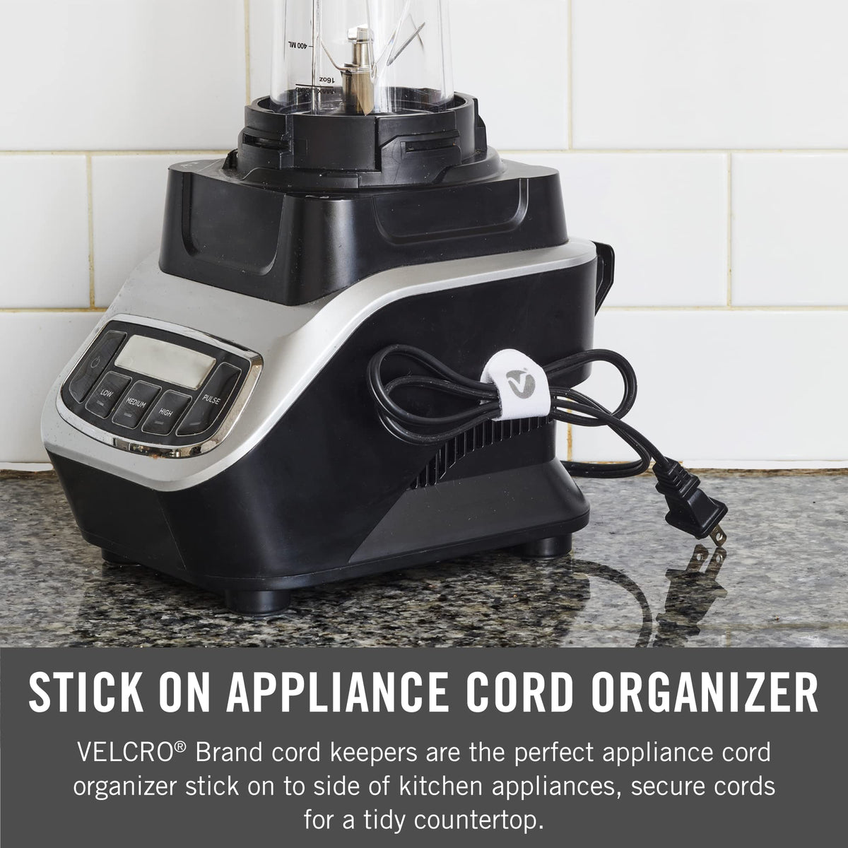 VELCRO Brand Cable Clips attached to a kitchen appliance keep cords tidy.