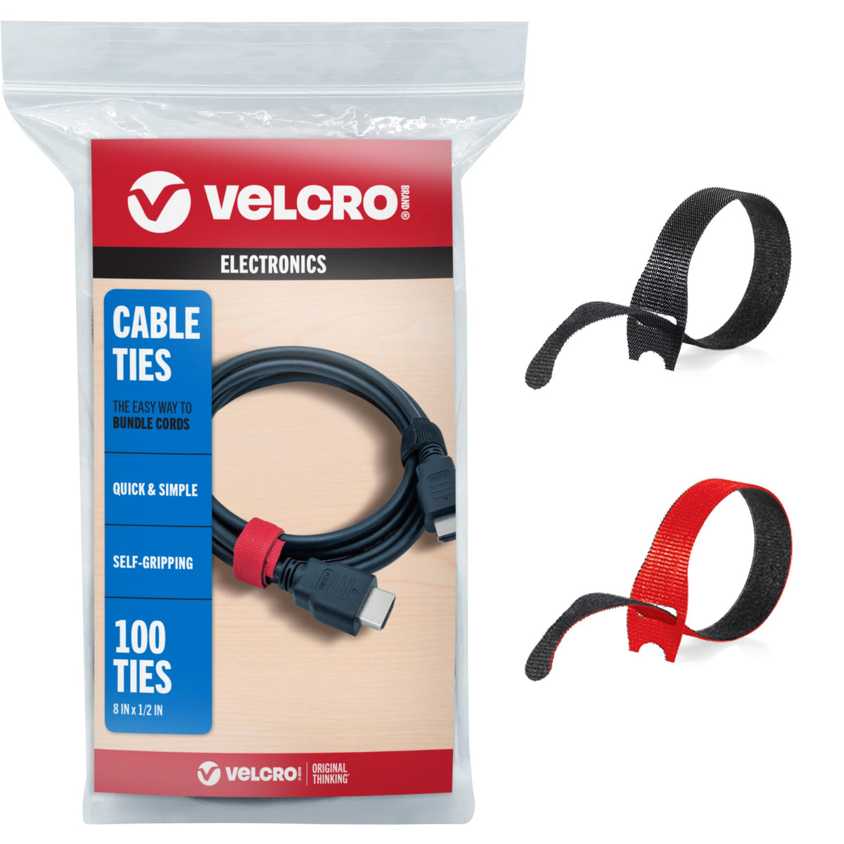 VELCRO Brand Cable Ties in red and black ready to bundle cables