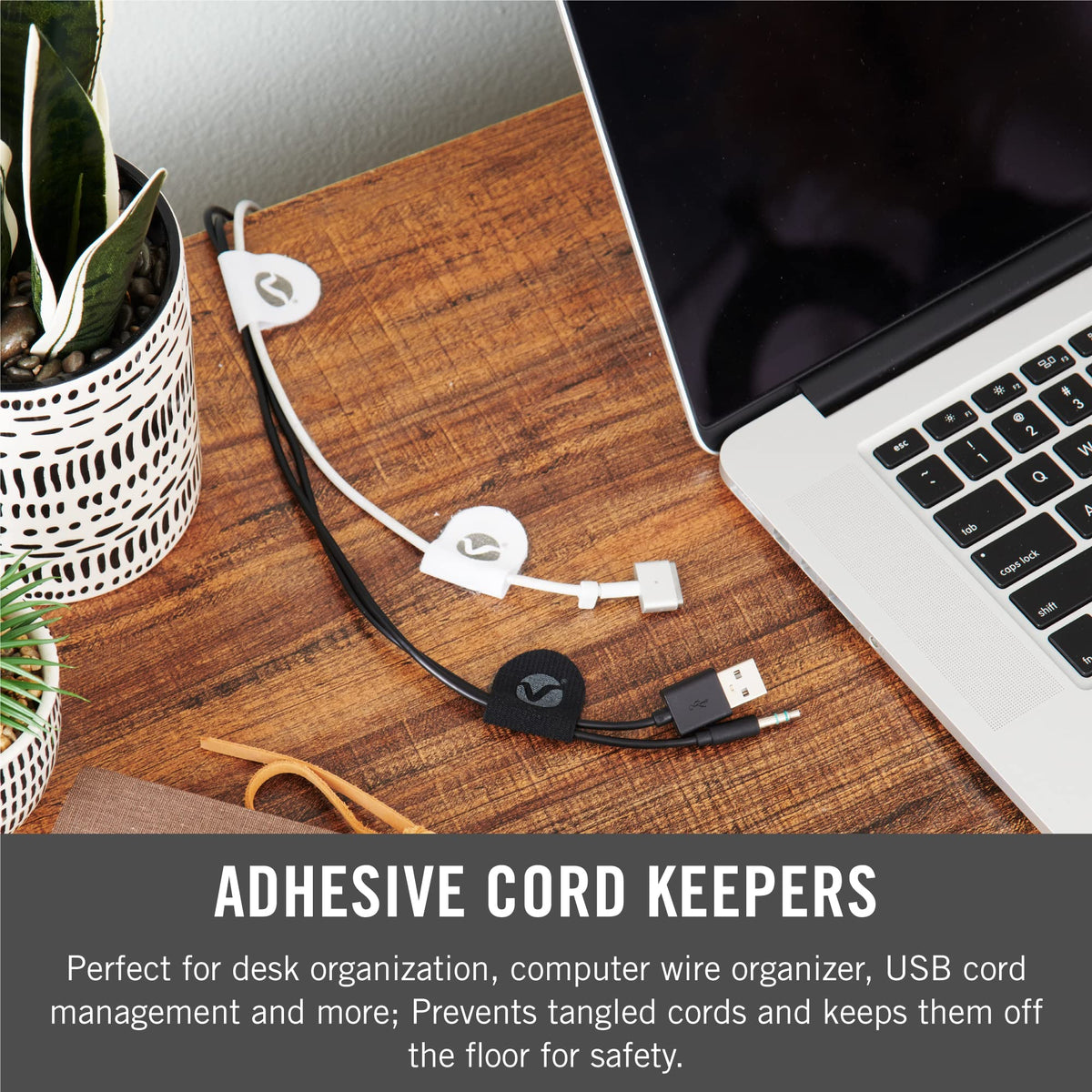 VELCRO Brand Cord Keepers with adhesive secure wires along a wall safely.
