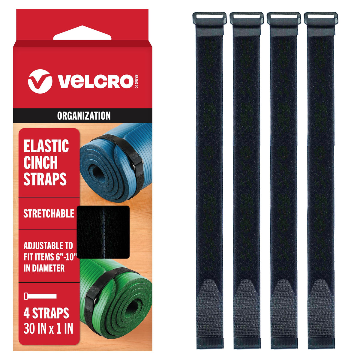 VELCRO Brand Elastic Straps 4-pack packaging, versatile for home organization and quick securement.