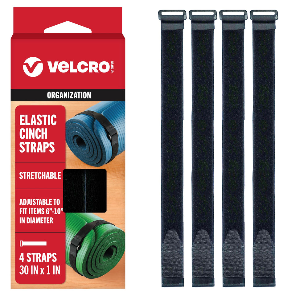 VELCRO Brand Elastic Straps 4-pack packaging, versatile for home organization and quick securement.