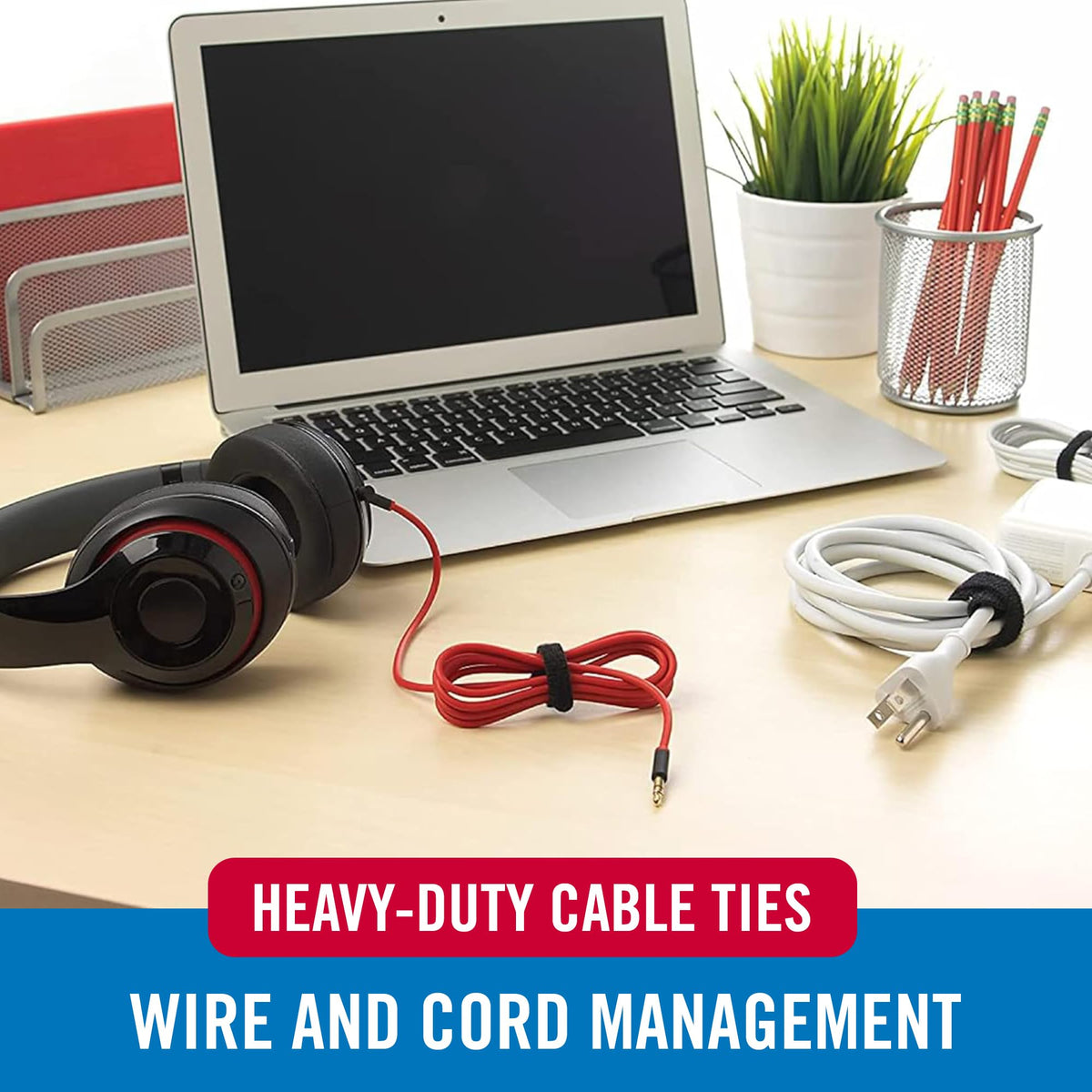 VELCRO Brand heavy-duty ties for electronics wiring and easy reuse.