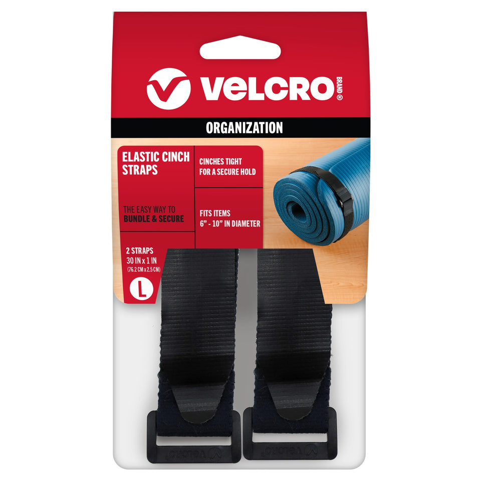 VELCRO Brand front packaging showing two black 30in elastic straps and product details for versatile organizing