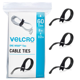 VELCRO Brand heavy-duty 8-inch reusable cable ties in bulk pack for tidy wires.