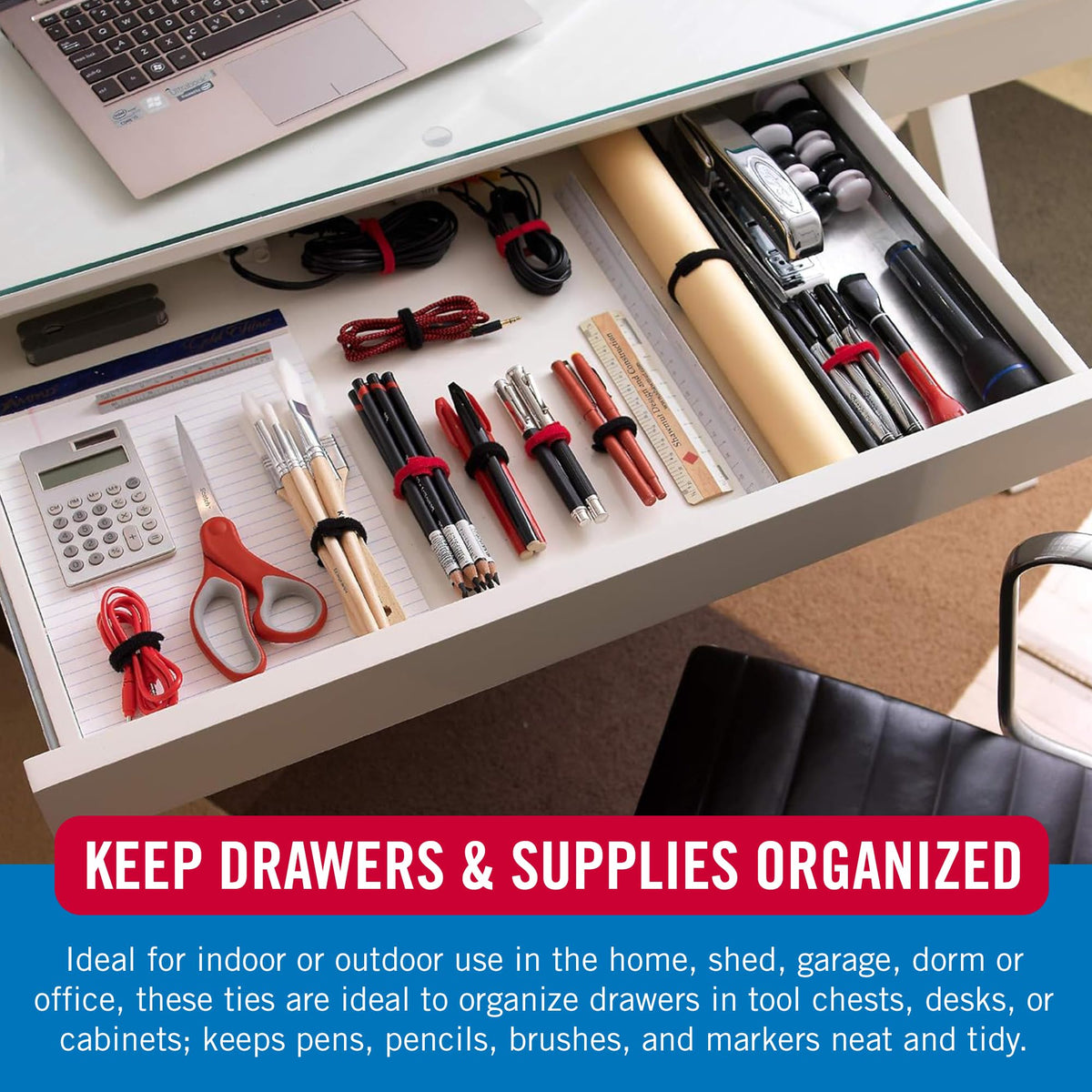 VELCRO Brand office cable management ties secure charging cables and cords