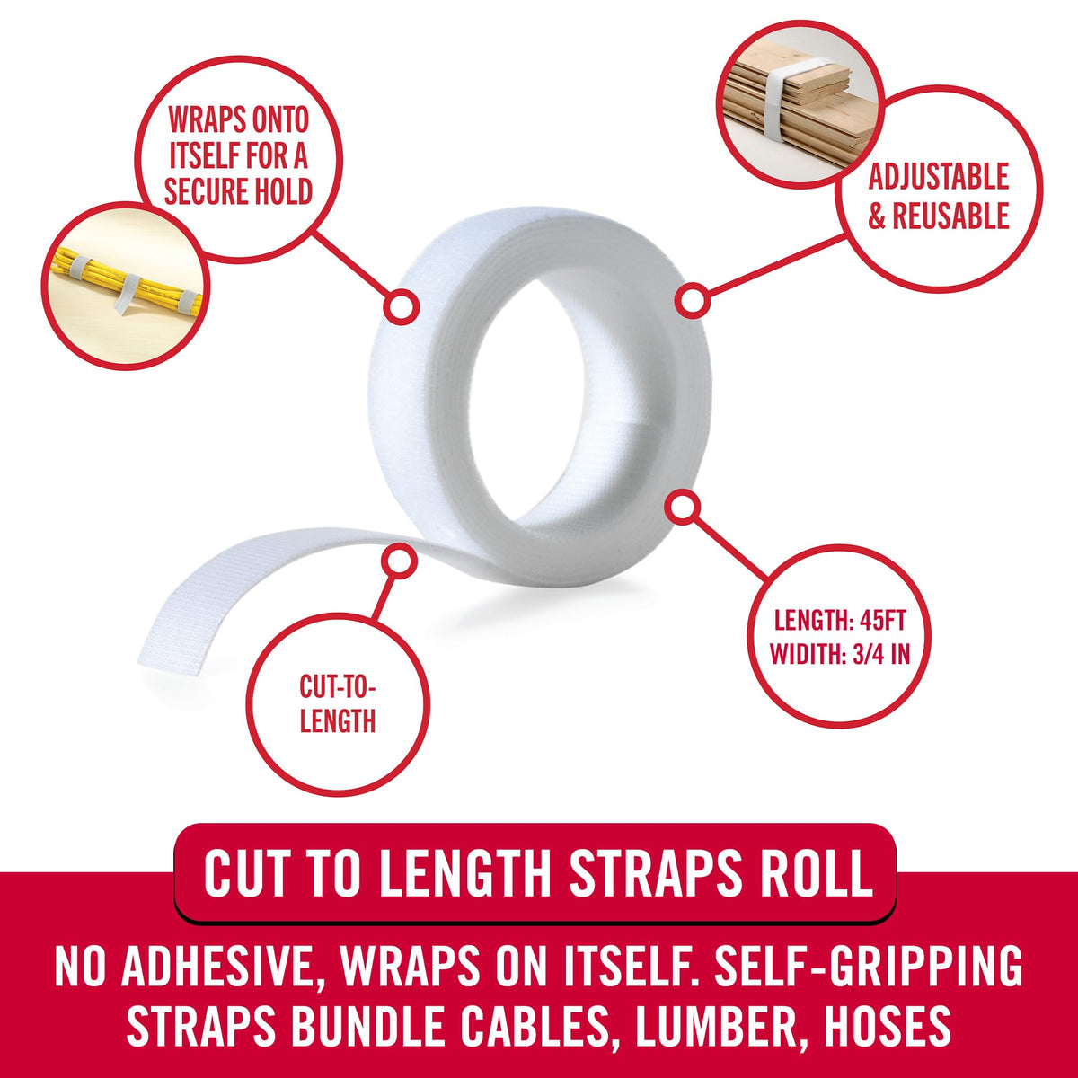 VELCRO Brand ONE-WRAP white roll used for reusable cable management and organization.