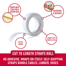 VELCRO Brand ONE-WRAP white roll used for reusable cable management and organization.