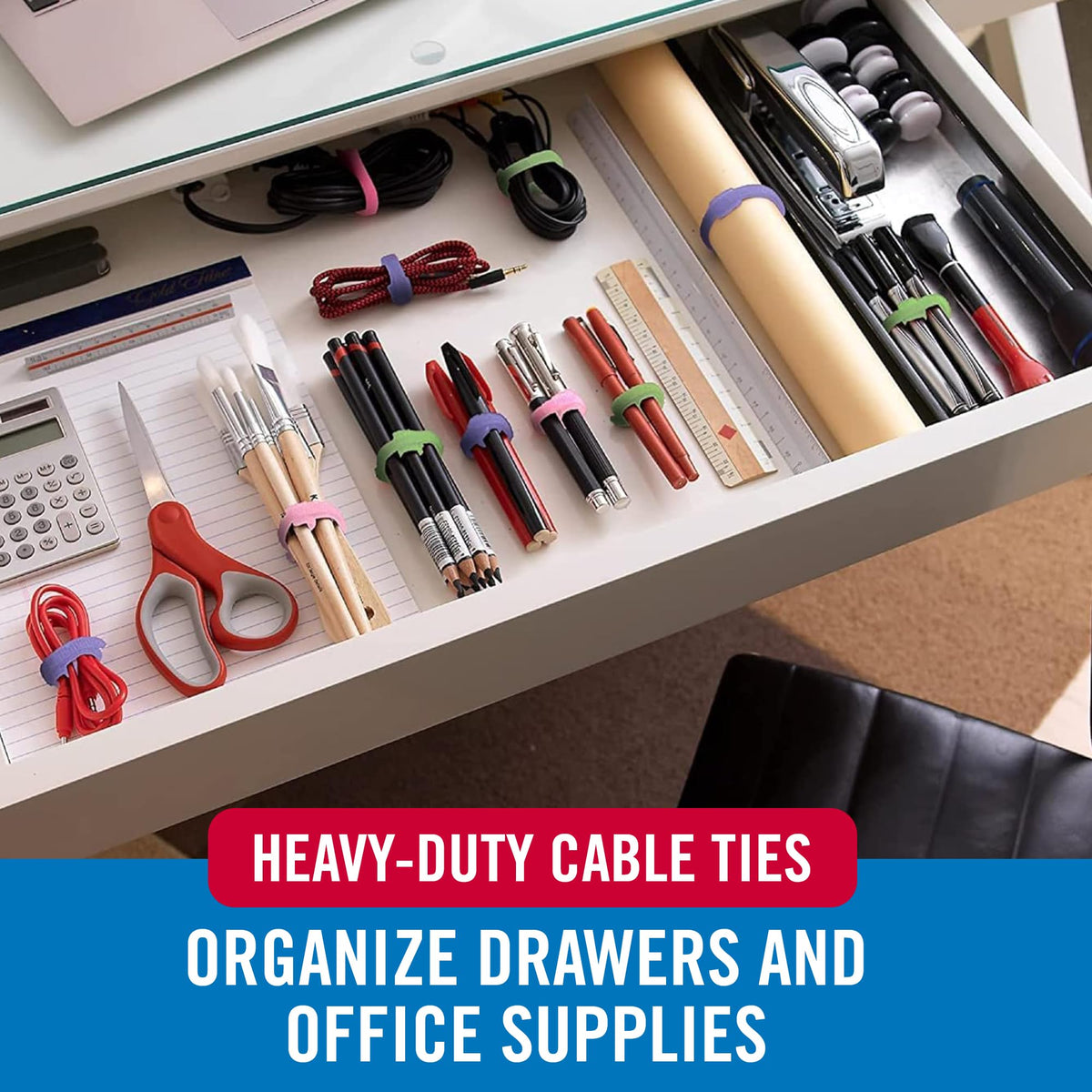 VELCRO Brand ONE-WRAP cord management keeping drawers organized and stationery neat.