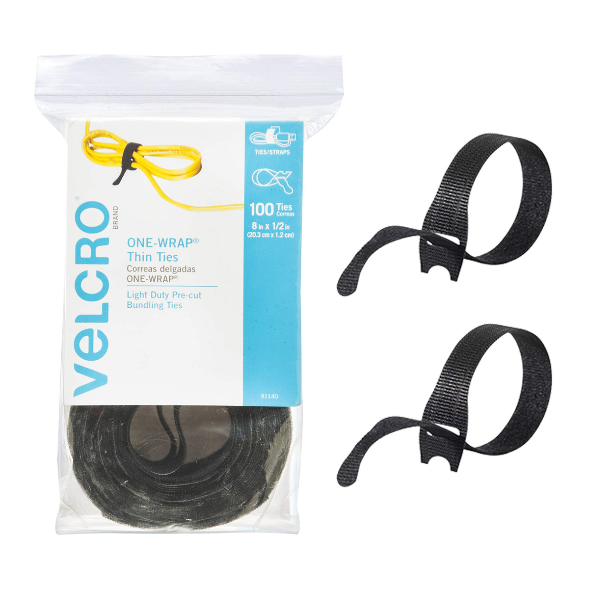 VELCRO Brand ONE-WRAP cable ties secure desk cables for a tidy workspace