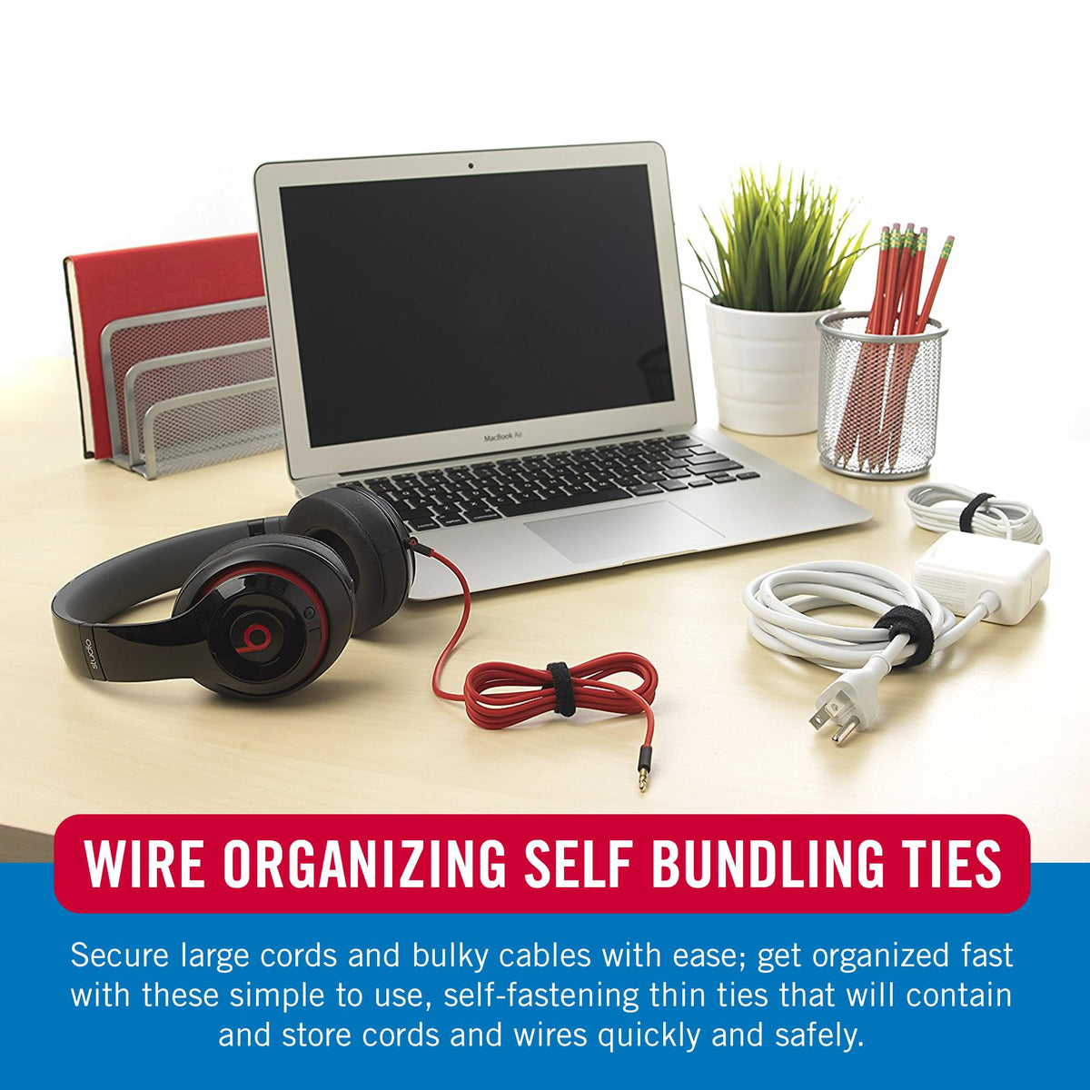 VELCRO Brand ONE-WRAP cable ties help organize a busy workstation with quick adjustments