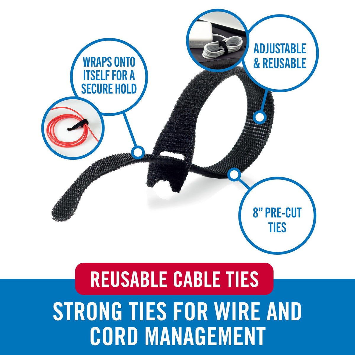 VELCRO Brand reusable cable ties in black show quick, adjustable wire management.
