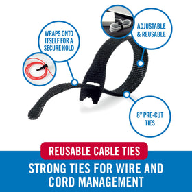 VELCRO Brand reusable cable ties in black show quick, adjustable wire management.