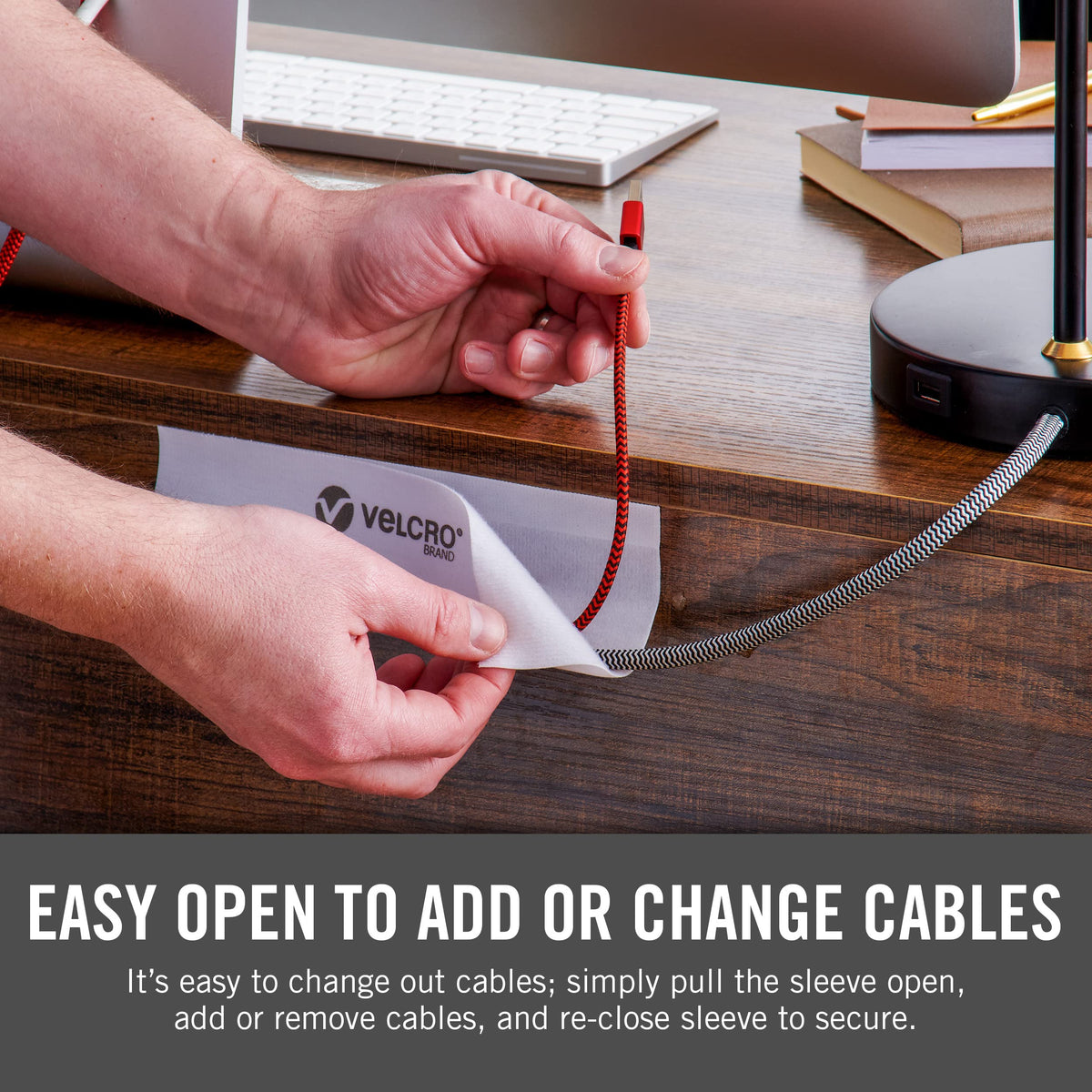 VELCRO Brand sleeve with multiple cords inside illustrating neat consolidation and accessibility