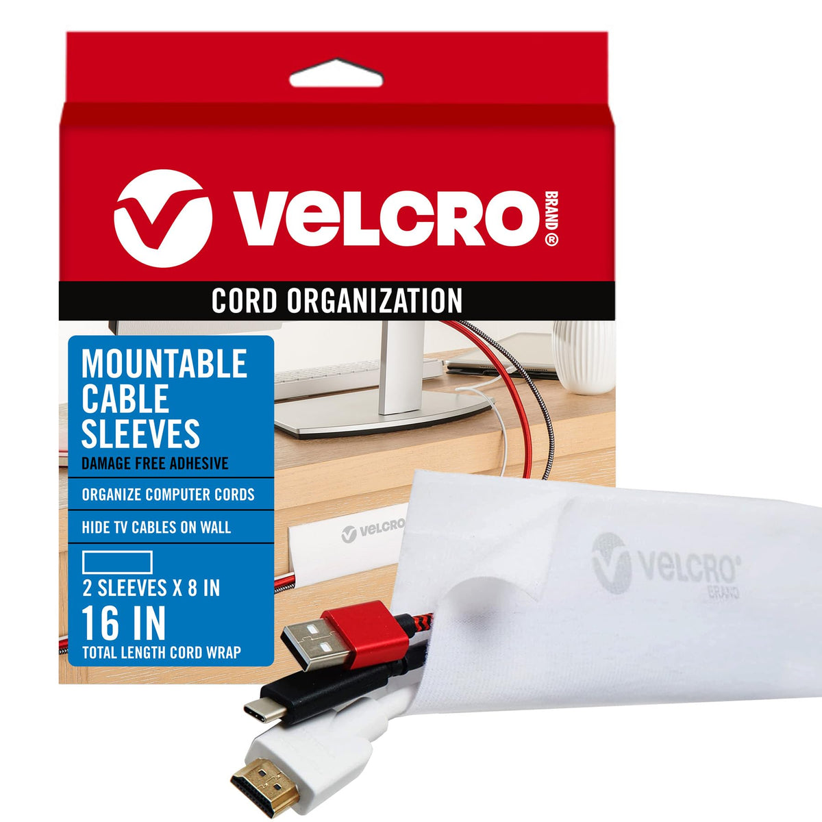 VELCRO Brand front packaging showing sleeve and mounts for quick identification and tidy storage