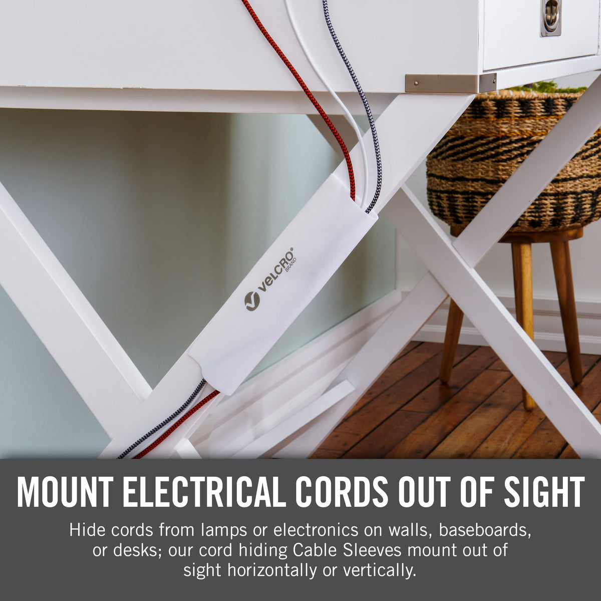 VELCRO Brand sleeve in a home office lifestyle scene providing a professional, tidy workspace