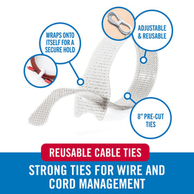 VELCRO Brand white cable ties bundle wires neatly on a desk.