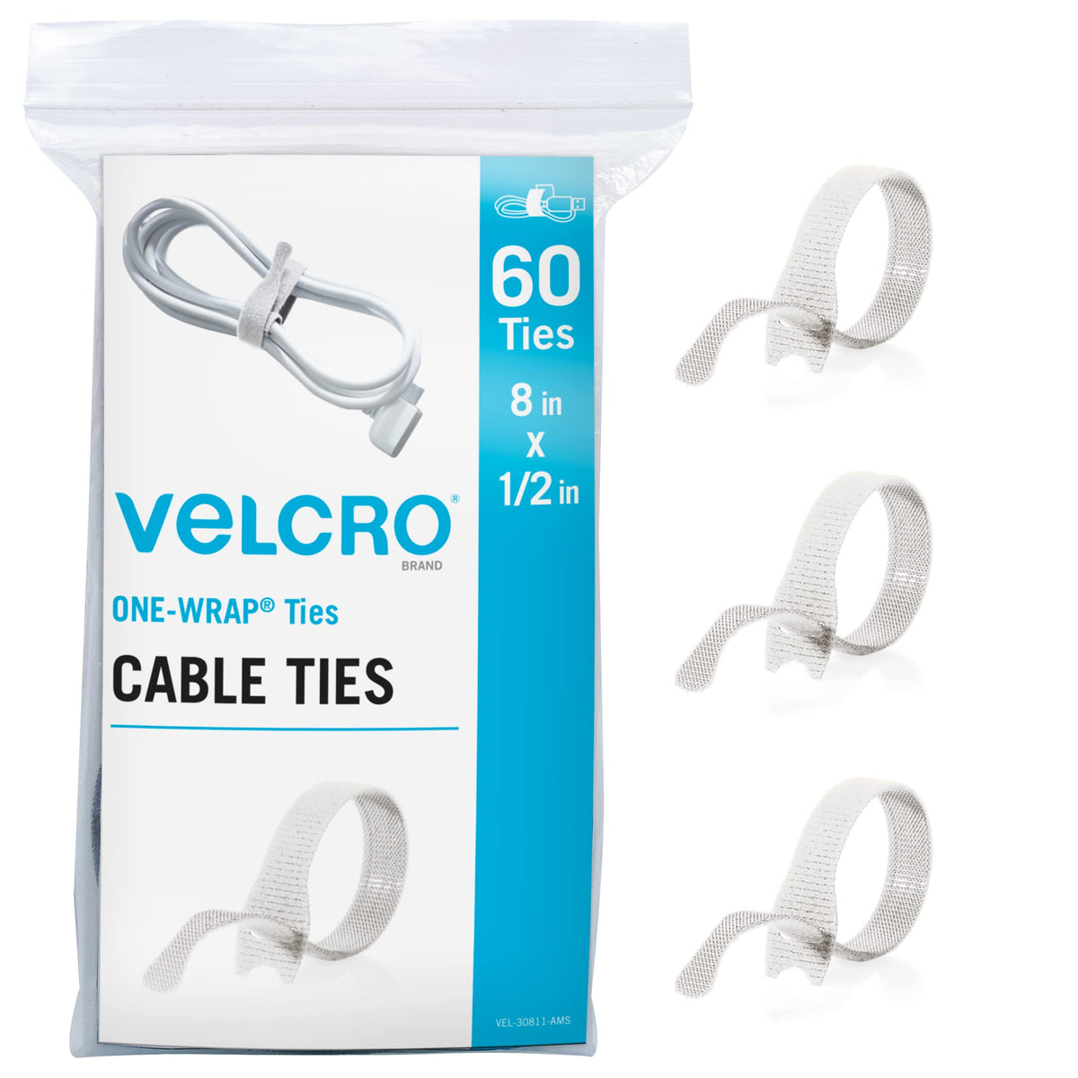 VELCRO Brand white cable ties in heavy-duty bulk pack for reuse.