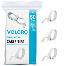 VELCRO Brand white cable ties in heavy-duty bulk pack for reuse.
