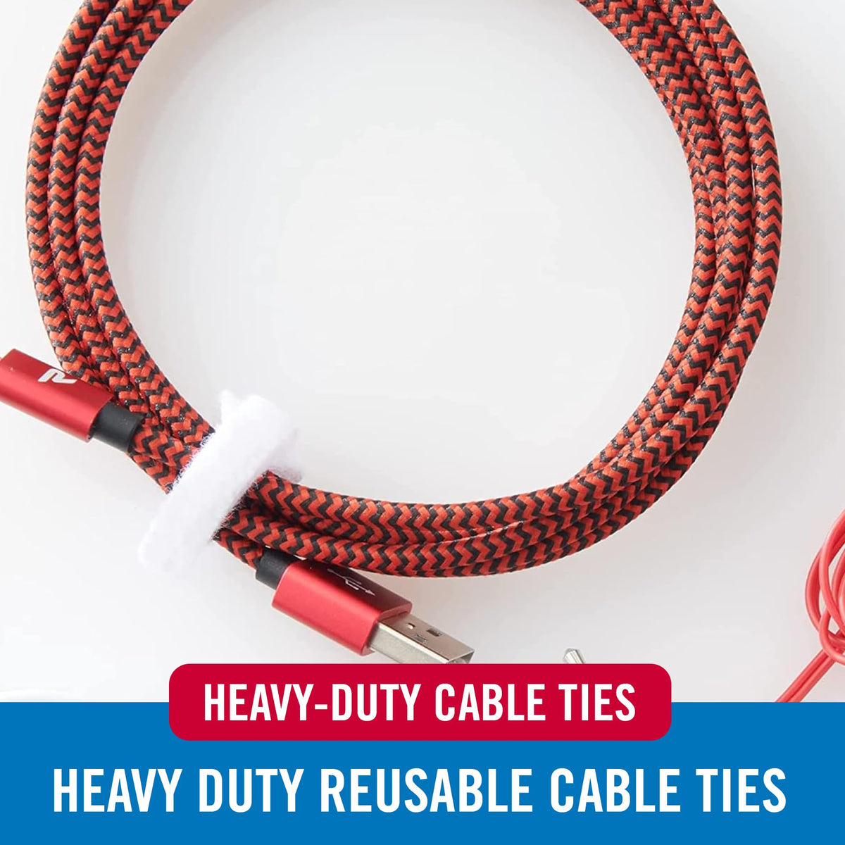 VELCRO Brand white cable ties self-fastening for adjustable cable management.