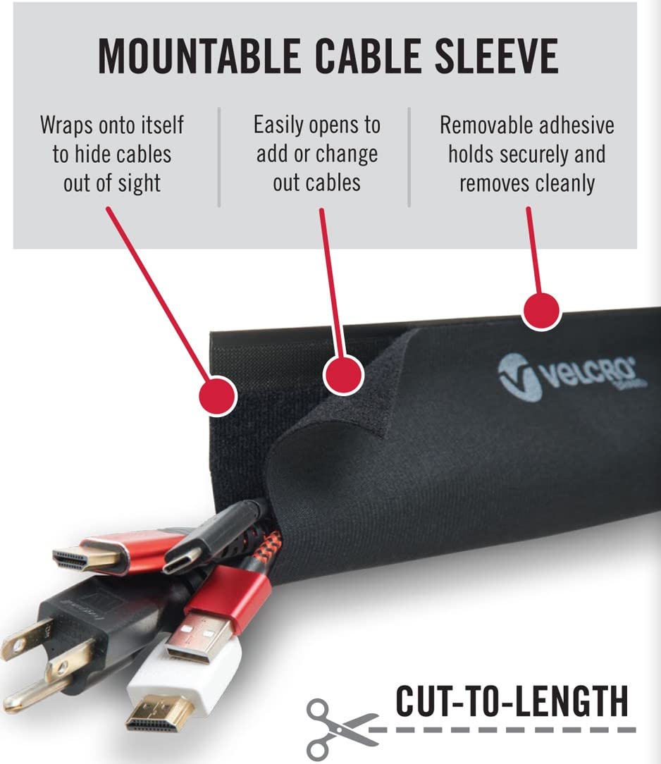VELCRO Brand sleeve wrapped around multiple cords for neat cable management