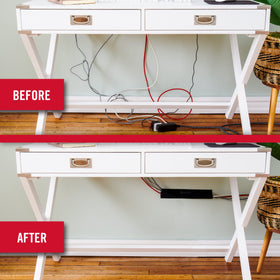 VELCRO Brand in a home office scene concealing wires for a tidy workspace