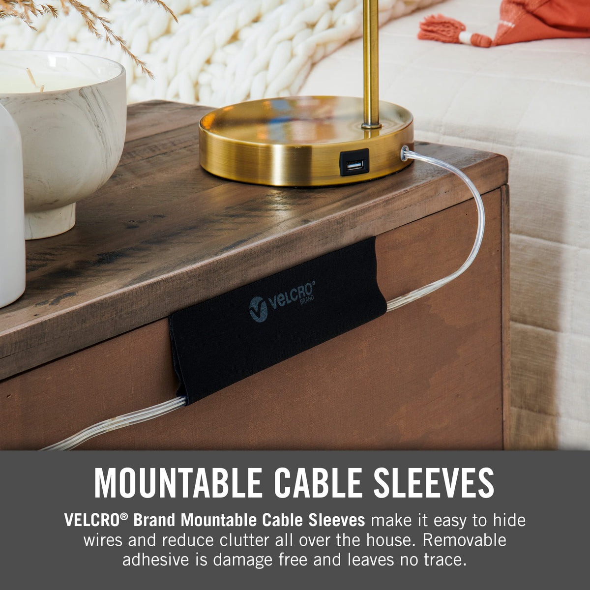 VELCRO Brand sleeve mounted under desk keeping cables off the floor