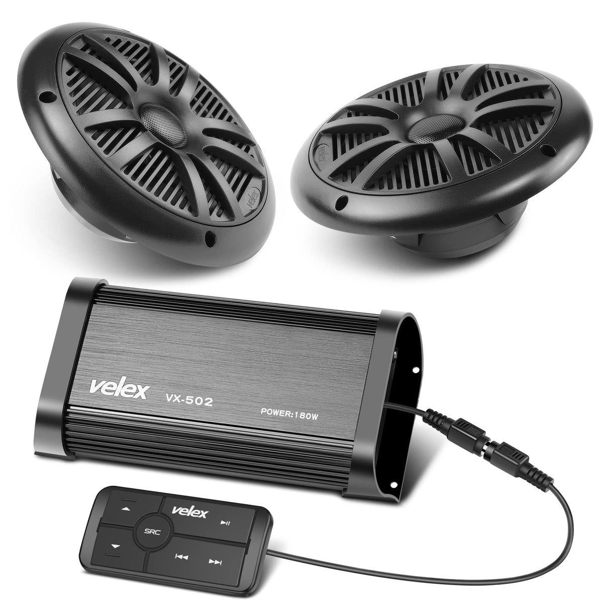 Velex Marine Bluetooth Amplifier front view with waterproof remote for on-deck control