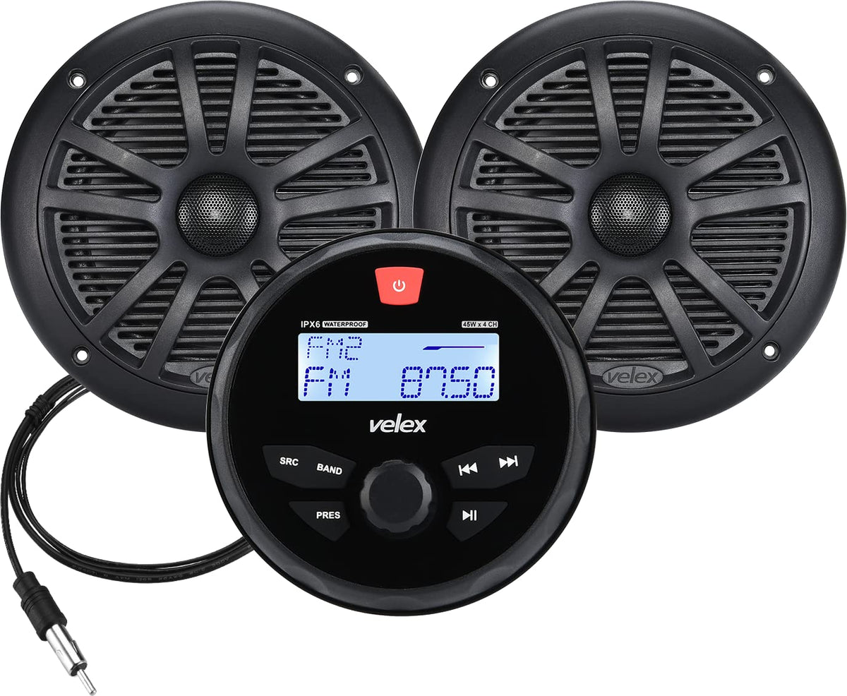 Velex marine stereo front view highlighting rugged IPX6 protection for boats